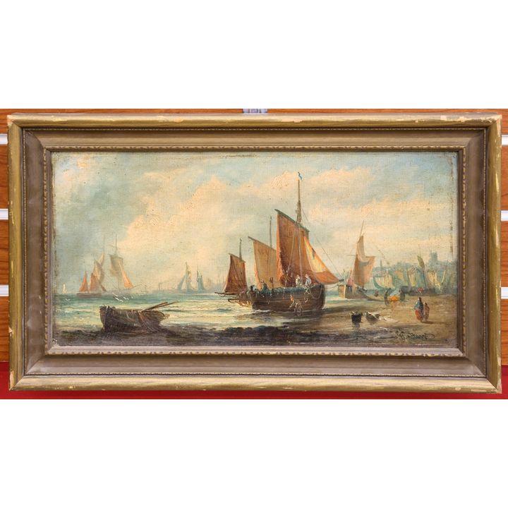 Antique G. Caltuvit ''Boats Ashore'' Oil Painting Framed 11''x18.5''