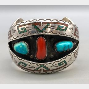 Vintage Turquoise and Coral Inlay Shadow Box Style Bracelet