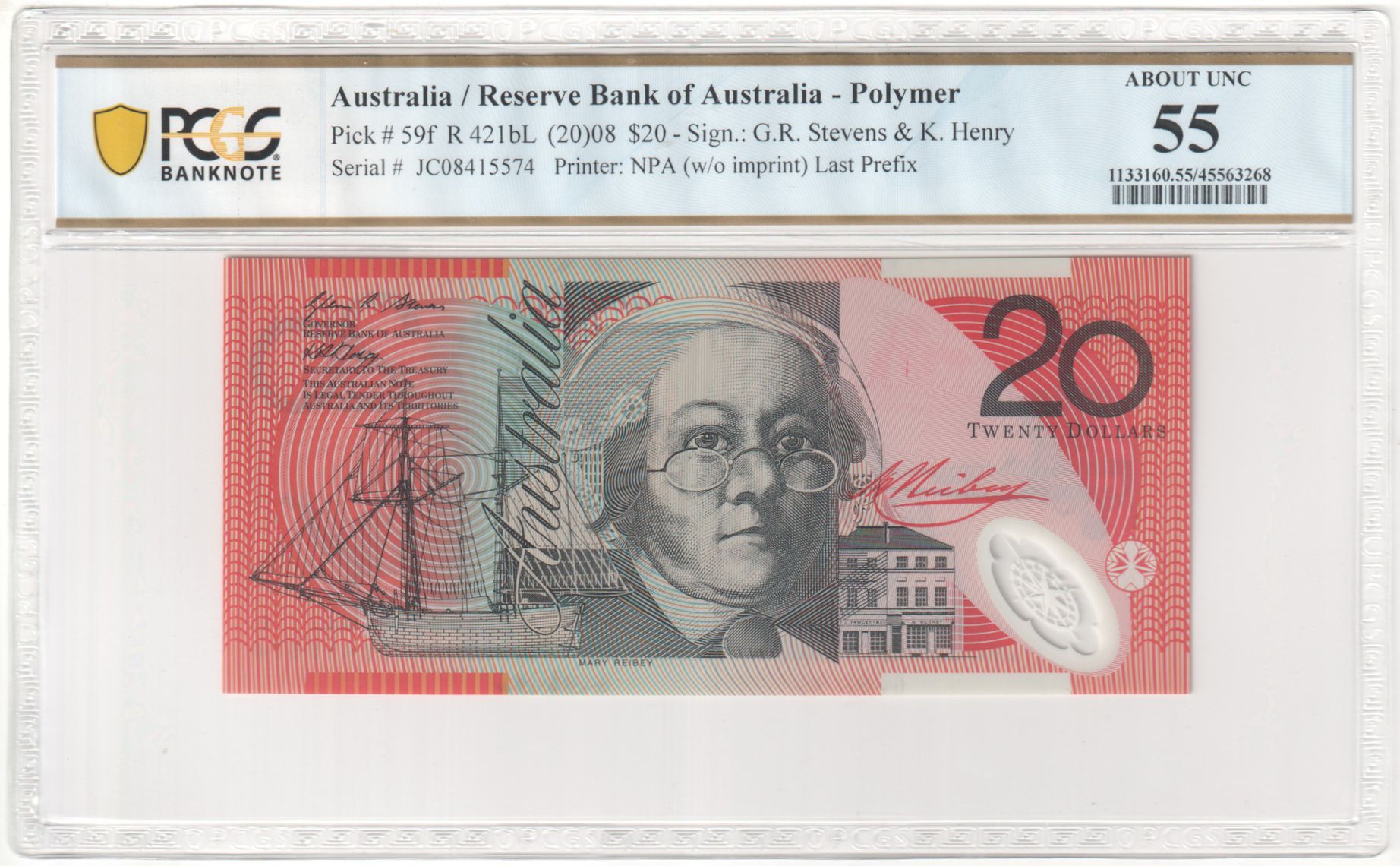 110 · R. 421bL, RBA, Polymer, NPA (w/o imprint), Sign.: G.R. Stevens & K. Henry, Last Prefix, Twenty Dollar, 2008, PCGS - About UNC 55