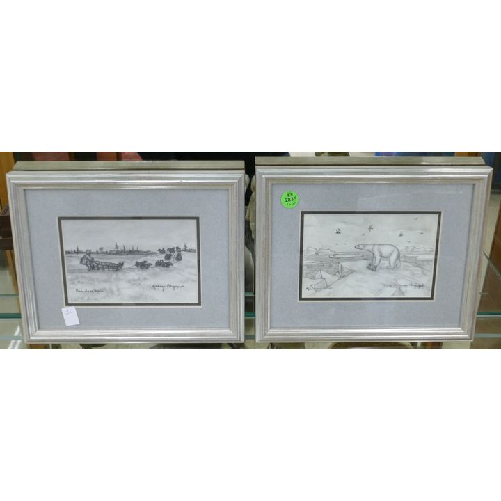 Pair George Aghupuk Alaskan Ink on Reindeer Skin Drawings Framed - 8x10'' each