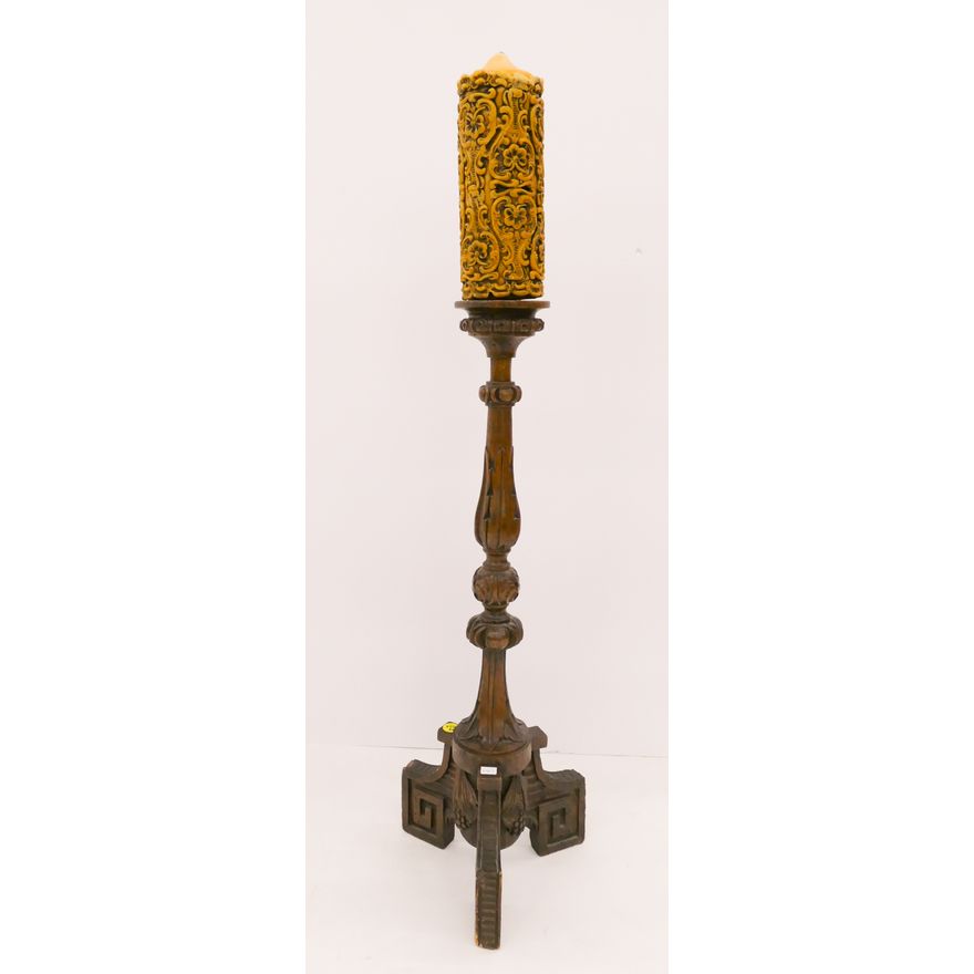 Ornate Carved Wood Candlestand & Candle- 23''