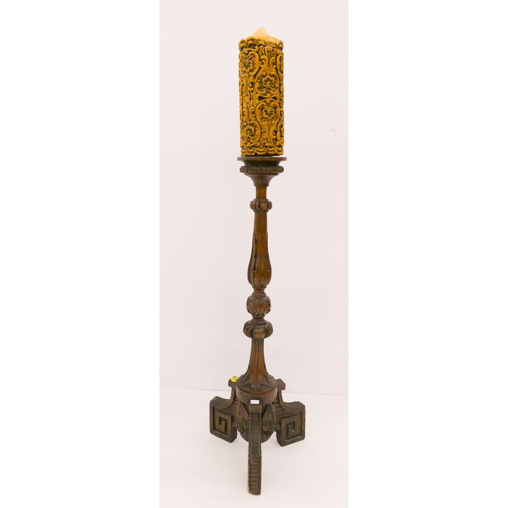 Ornate Carved Wood Candlestand & Candle- 23''