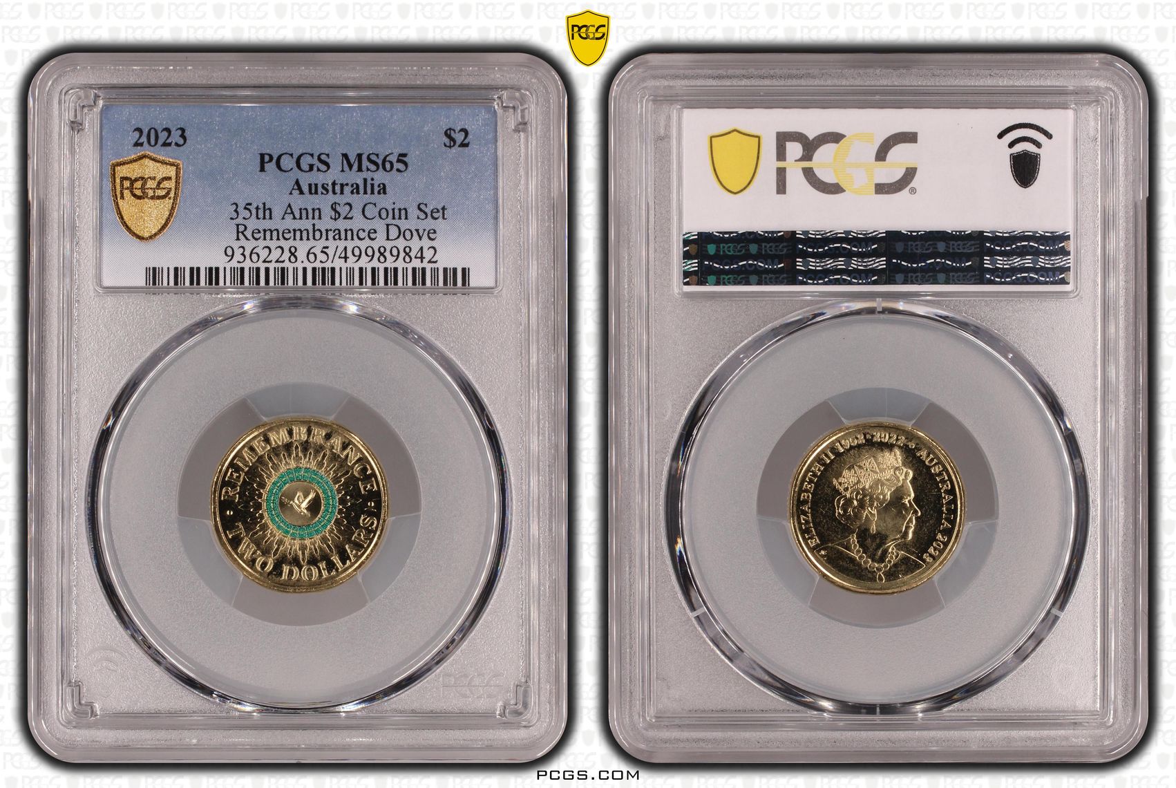 35th Ann $2 Coin Set Colorized Remembrance Dove , Two Dollar, 2023, PCGS MS65