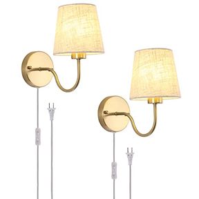 LASENCHOO PLUG IN WALL SCONCES SET OF TWO, MODERN WALL LAMP WITH PLUG IN CORD 6.56FT & ON/OFF SWITCH WITH FABRIC LAMPSHADE, GOLD S