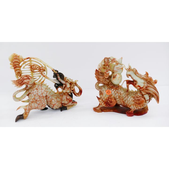 2pc Chinese Jade Qilin Carvings- 8 and 9''