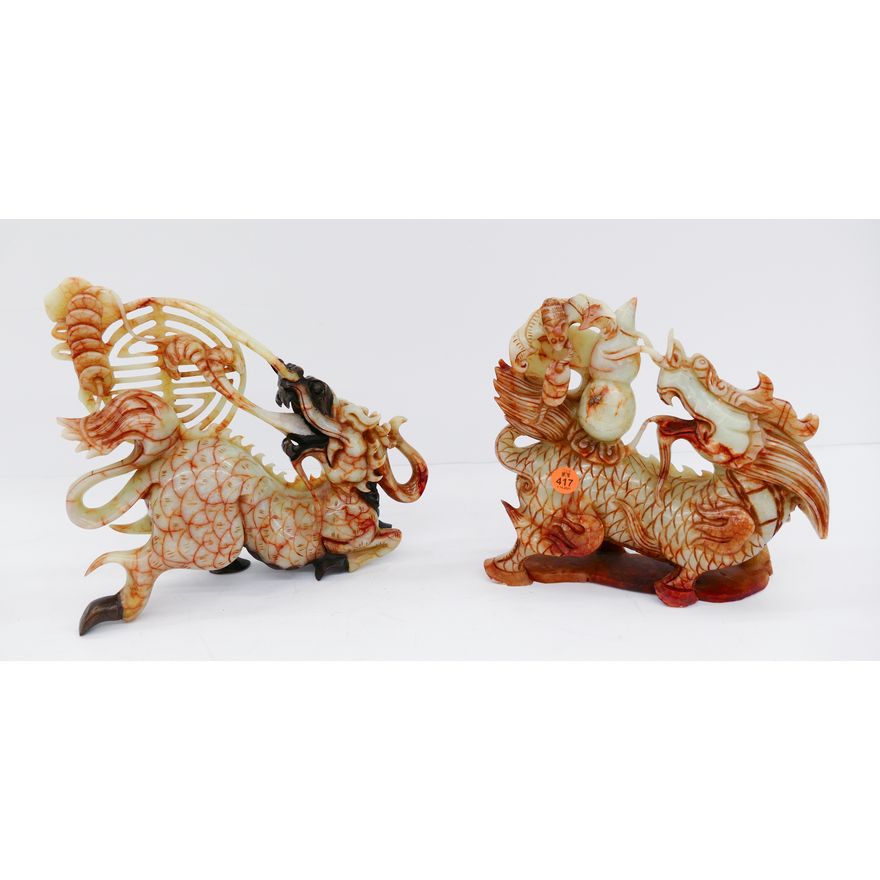 2pc Chinese Jade Qilin Carvings- 8 and 9''