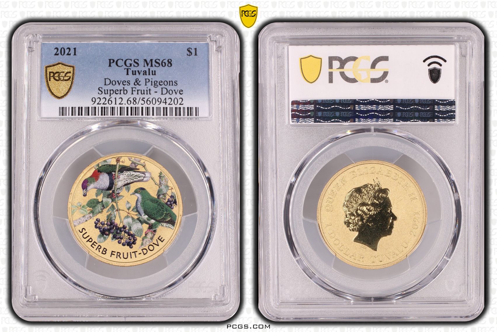 Tuvalu, Doves & Pigeons Superb Fruit - Dove Colorized, One Dollar, 2021, PCGS MS68