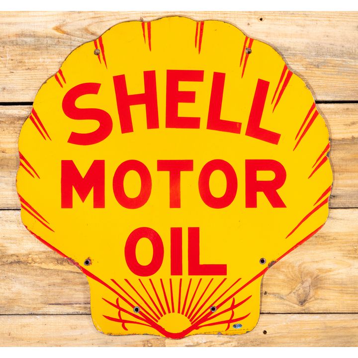 Shell Motor Oil Double Sided Porcelain Clam-Shaped Sign TAC 9.25