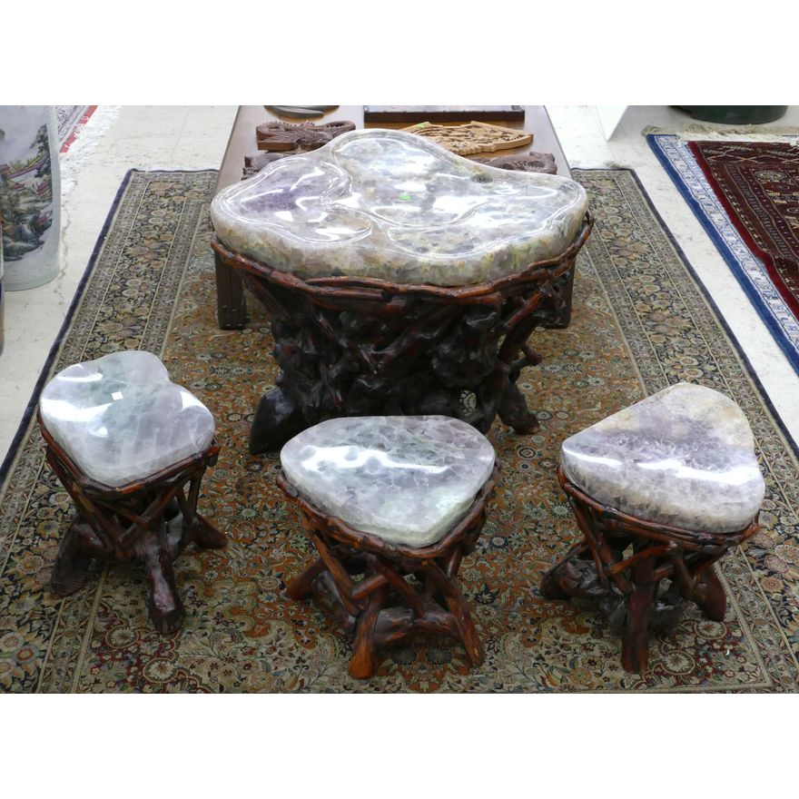 Impressive 4pc Chinese Tourmaline Top Pond Table with Three Benches