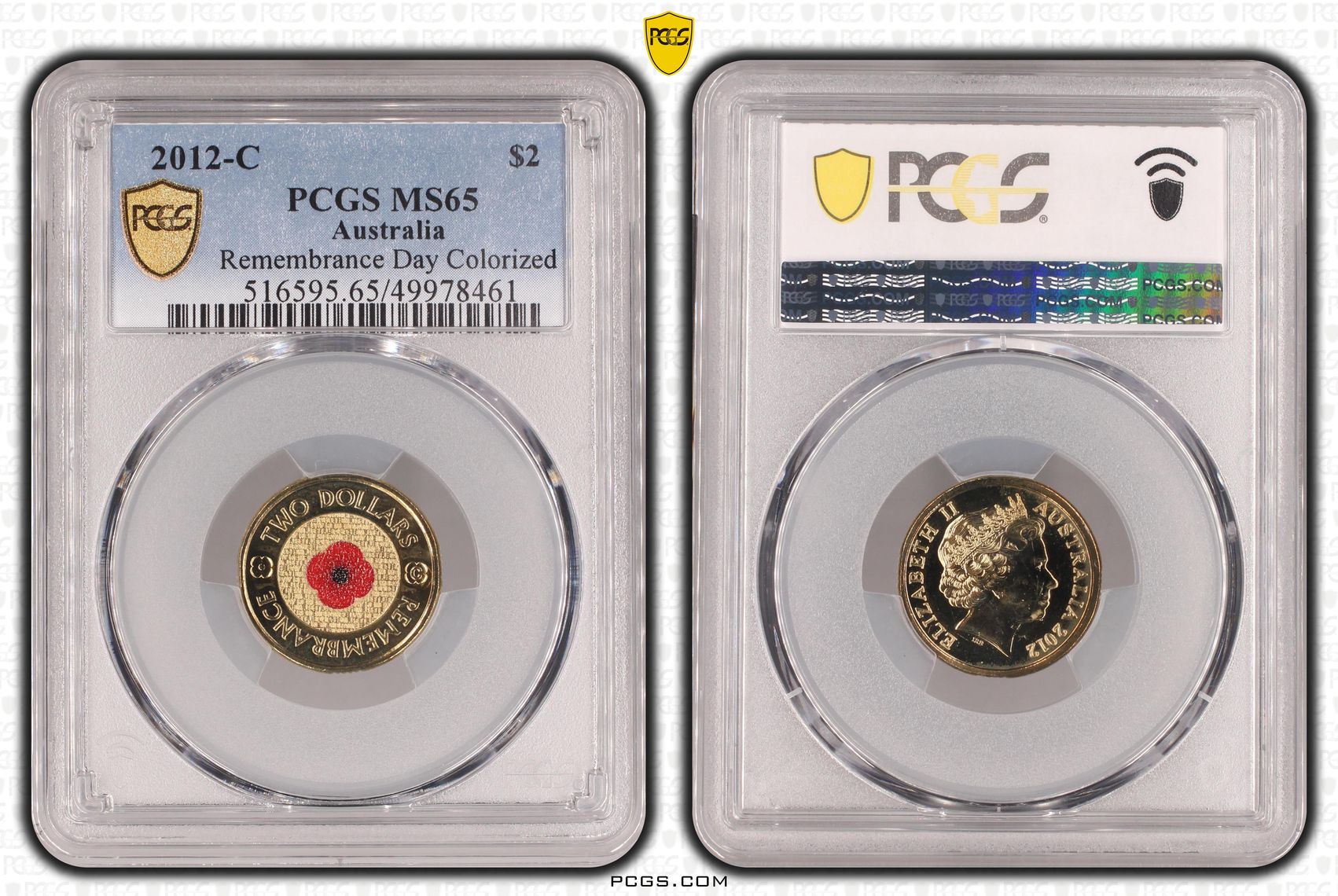 367 · Remembrance Day Colourised Red Poppy, Two Dollar, 2012-C, PCGS MS65