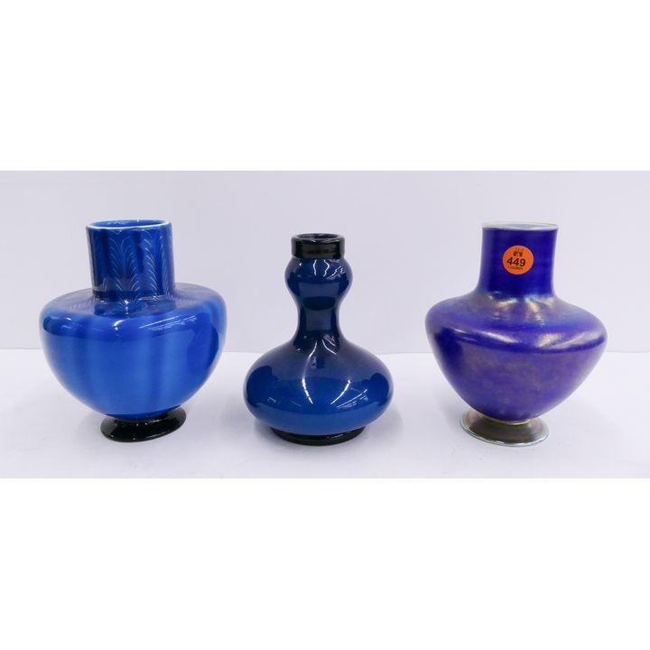 3pc Blue Art Glass Vases Signed Tiffany- approx 6'' each
