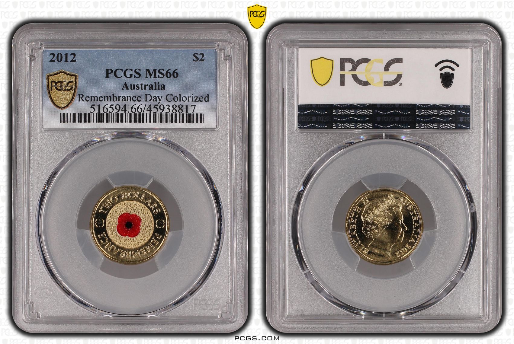 Elizabeth II, Remembrance Day Red Poppy, Two Dollar, 2012, PCGS MS 66