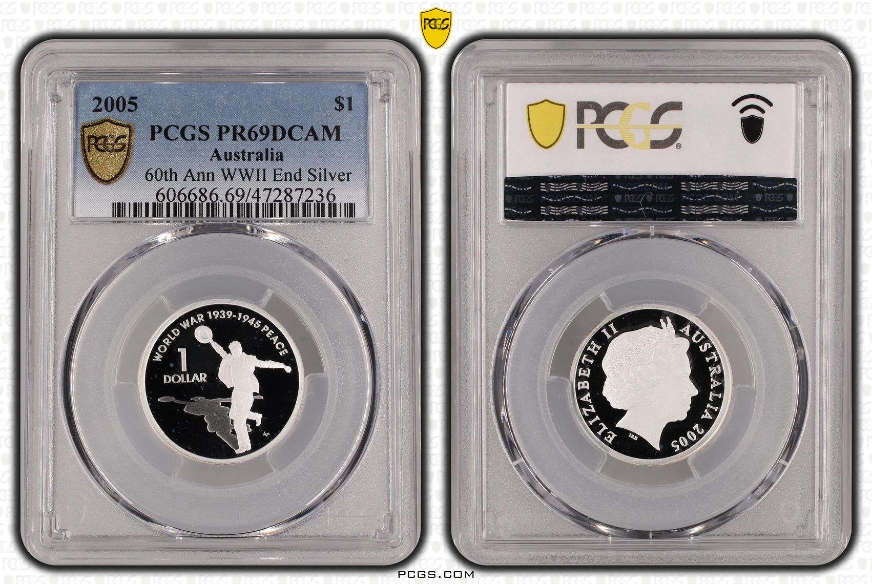 Elizabeth II, 60th Ann WWII End Silver , One Dollar, 2005, PCGS PR69DCAM