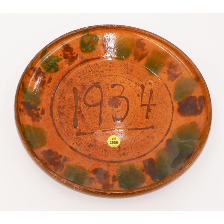 American Redware 1934 Slip Decorated Tray- 12'' with some minor chipping