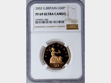 2002 ELIZABETH II PROOF GOLD 50 PENCE PF69 UCAM