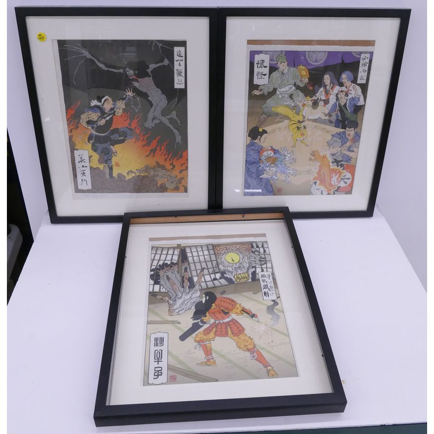 3pc Jed Henry Nintendo Game Contemporary Japanese Ukiyo-e Style Woodblocks- Pokemon, Etc