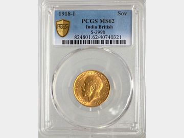1918 GEORGE V INDIA MINT GOLD SOVEREIGN MS62
