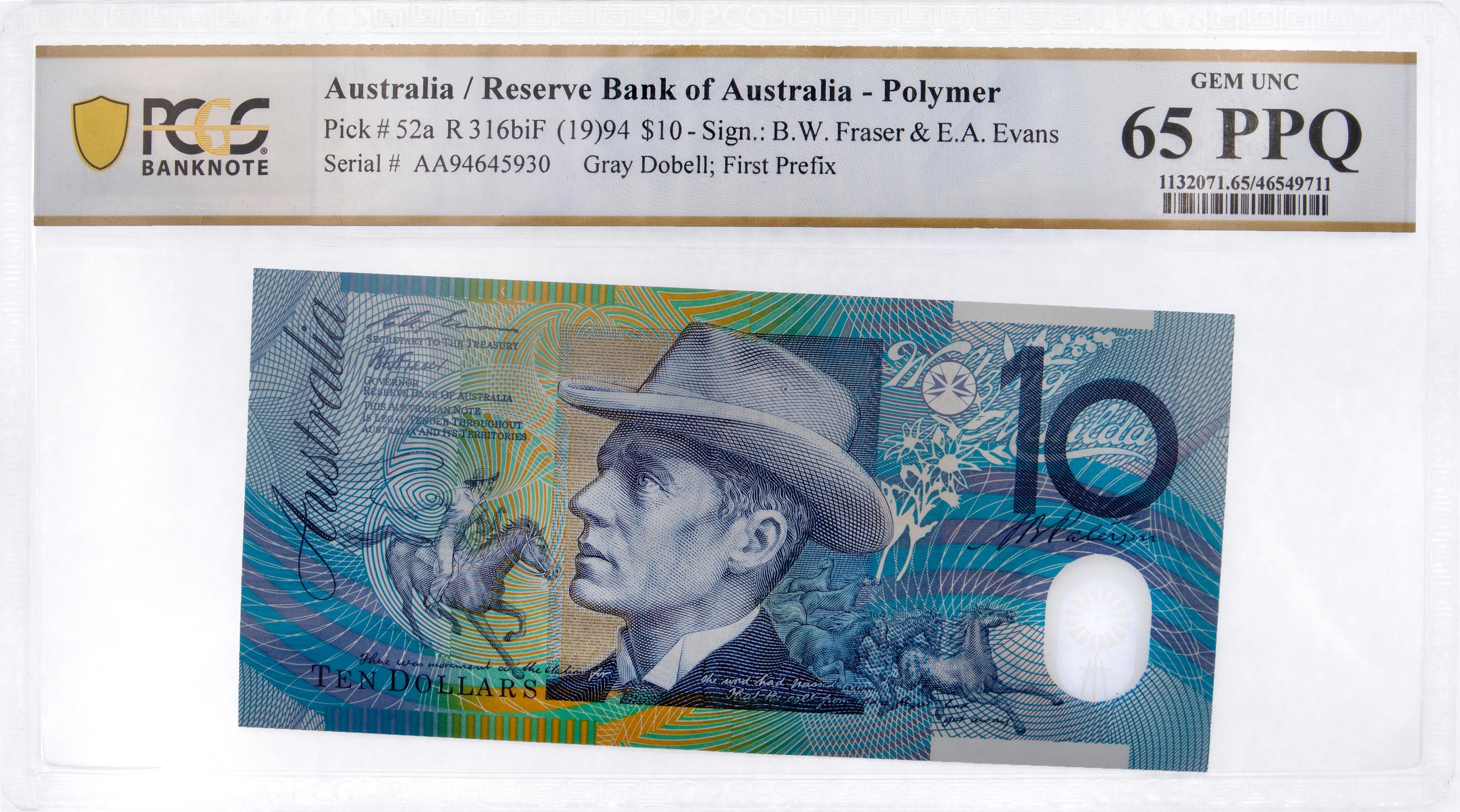 Fraser/Evans, Gray Dobell; First Prefix, Ten Dollar, 1994, PCGS Gem UNC 65 PPQ