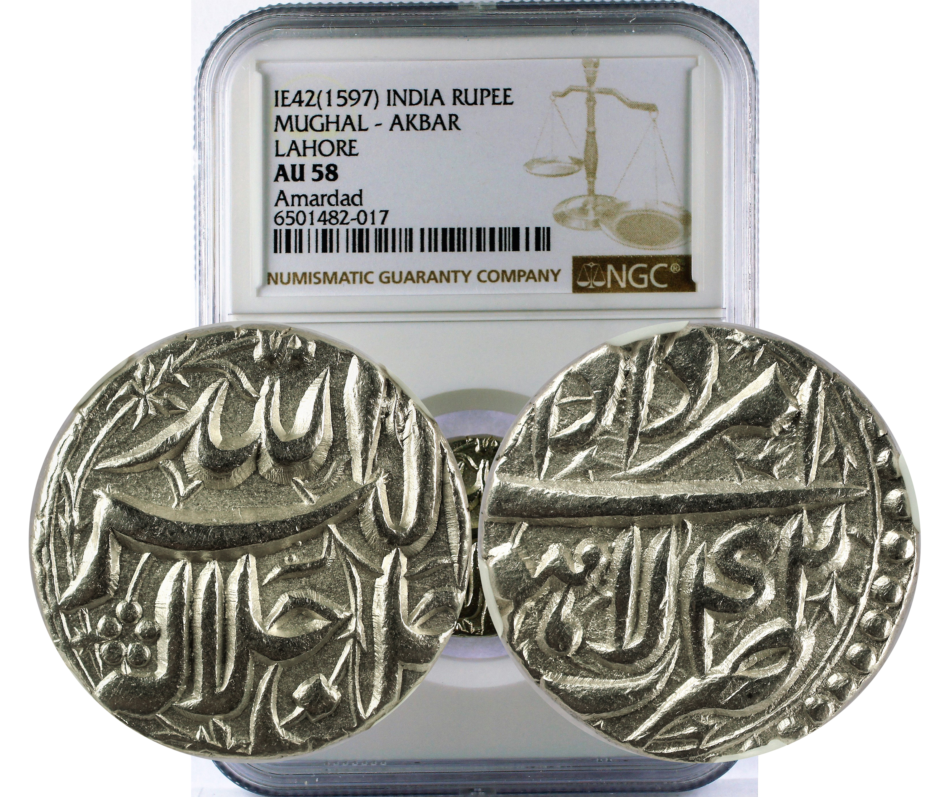 IE42(1597) INDIA MUGHAL - AKBAR LAHORE RUPEE AU 58