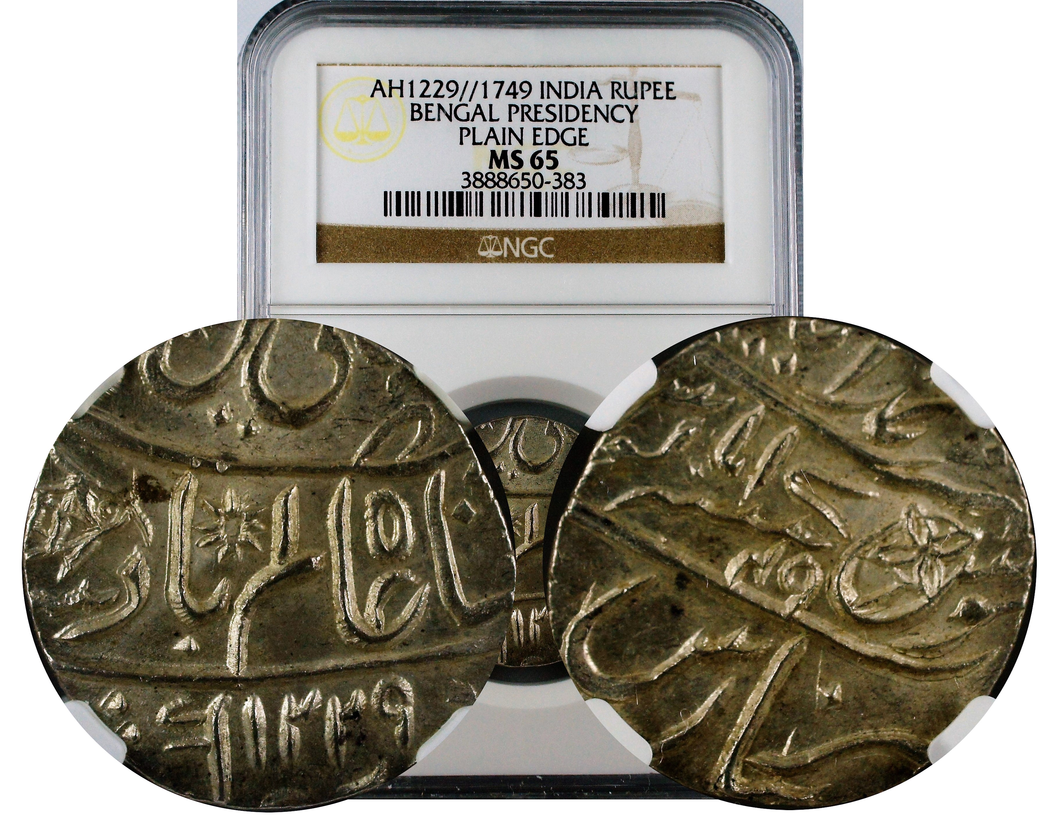 India Bengal Presidency Rupee AH1229//1749 Plain Edge NGC MS65
