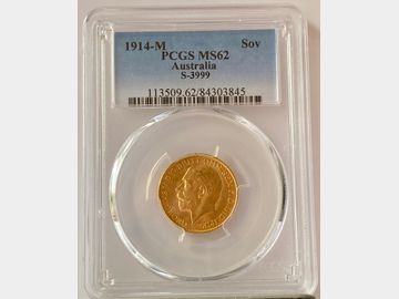 1914 GEORGE V MELBOURNE MINT GOLD SOVEREIGN PCGS MS62