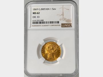 1869 VICTORIA #DIE 33 SHIELD GOLD SOVEREIGN MS62
