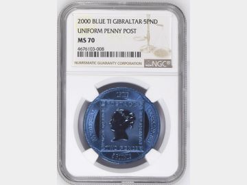 2000 GIBRALTAR BLUE TITANIUM 5 POUND 'UNIFORM PENNY' MS70 TOP POP!