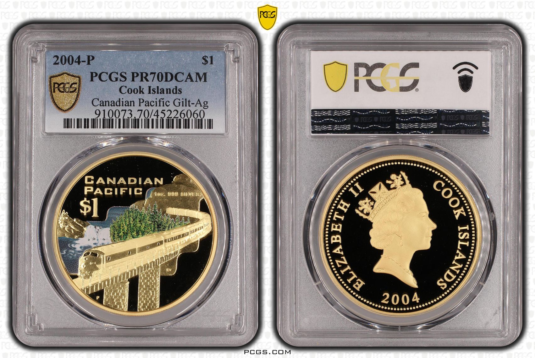 2004-P Cook Islands One Dollar, $1 Gilt Silver Proof Canadian Pacific Gilt-Ag PCGS - PR70DCAM POP 1/0 -060