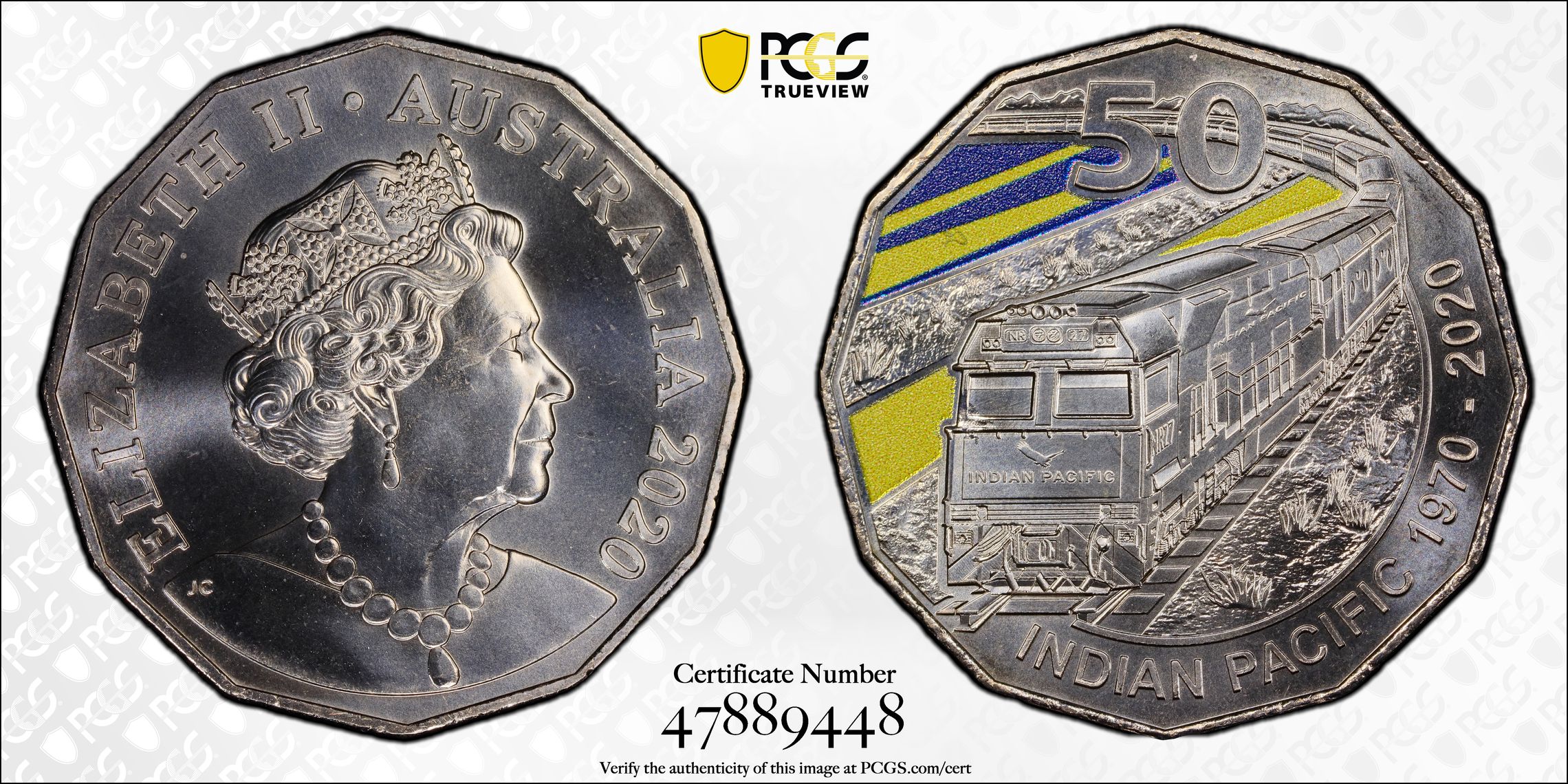 409 · Indian Pacific Train Colorized, Fifty Cent, 2020, PCGS MS69