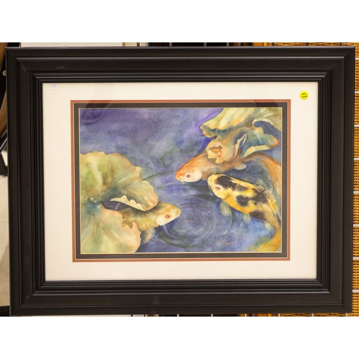 Patricia Hitchens ''3 Koi and Lillypad #1'' Watercolor Framed 24''x30''