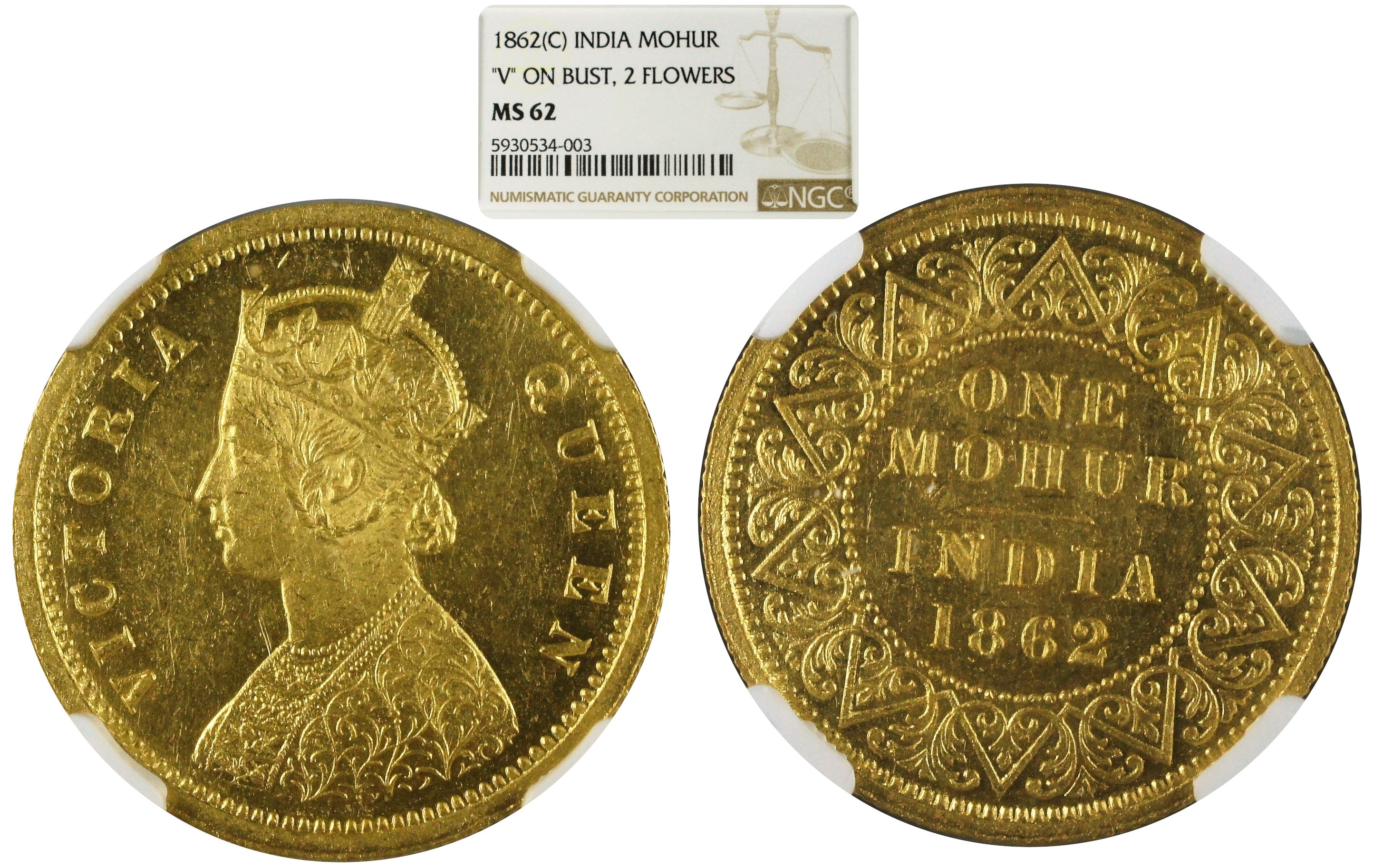 India British 1862 C Gold Mohur NGC MS62 V on Bust with Two Flowers - Rare