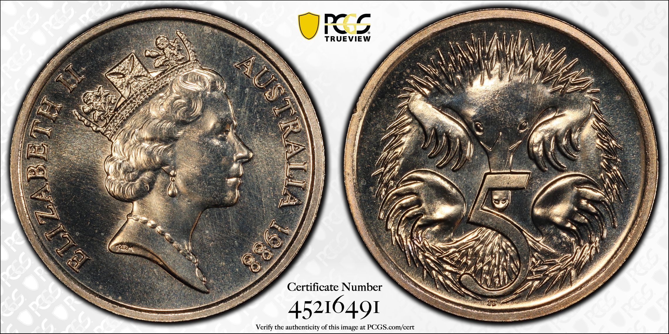 1988 Australia Five Cent, 5c PCGS - MS68 -491