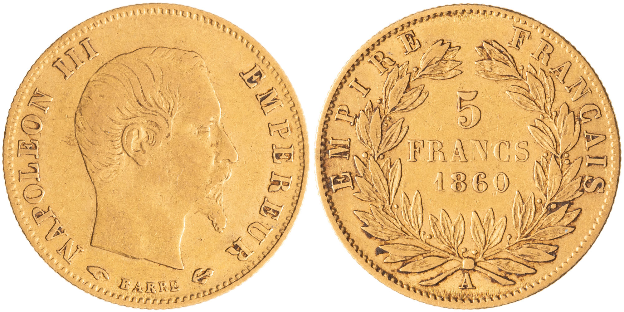 France, Napoleon III, Small Head, Five Francs, 1860-A, Fine