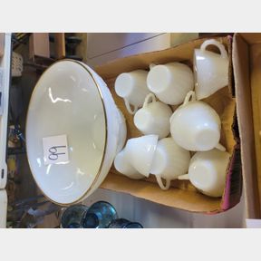 Gold rimmed grape pattern milk glass punch bowl set