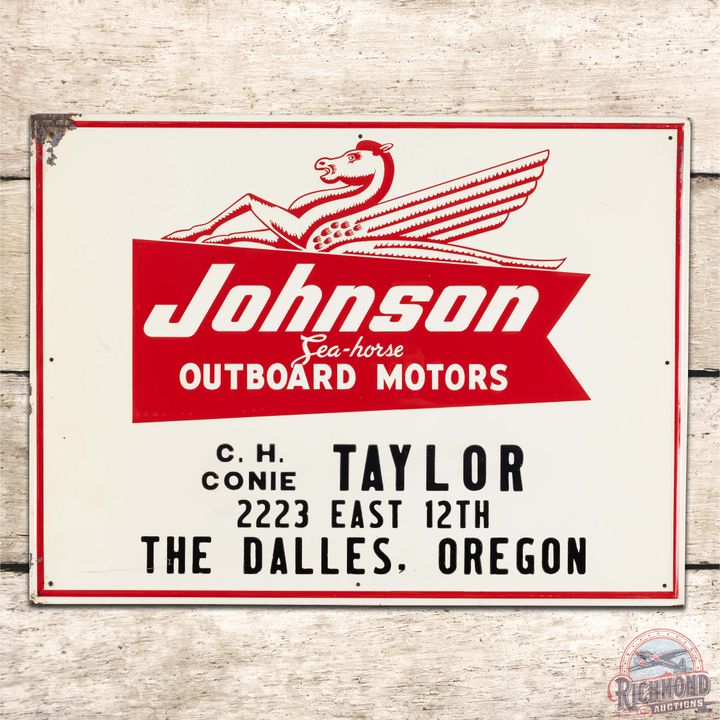 Johnson Sea Horse Outboard Motors Emb. Single Sided Tin Sign w/ Logo The Dalles Oregon