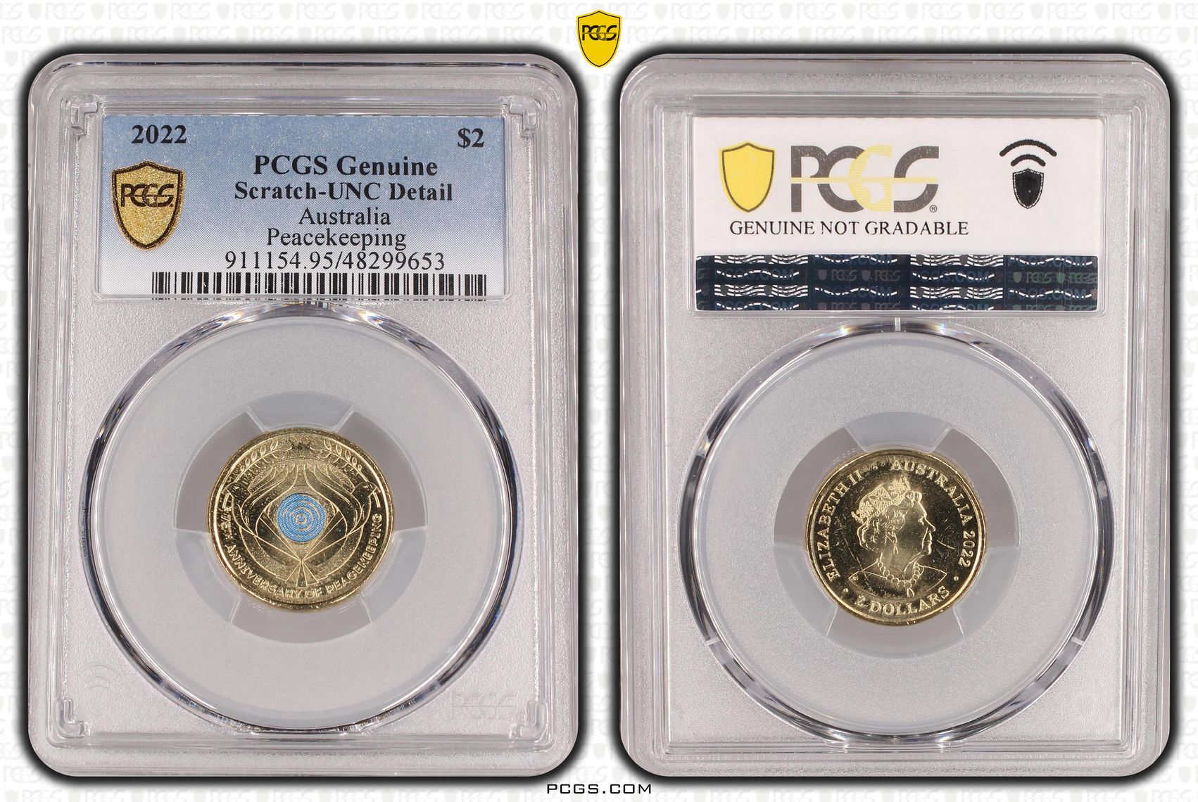 Peacekeeping - Colourised, Two Dollar, 2022, PCGS Genuine - UNC Details (95 - Scratch)