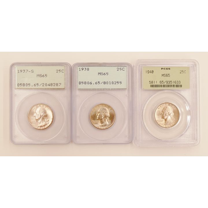 3pc United States Washington 25C Quarters, PCGS MS65
