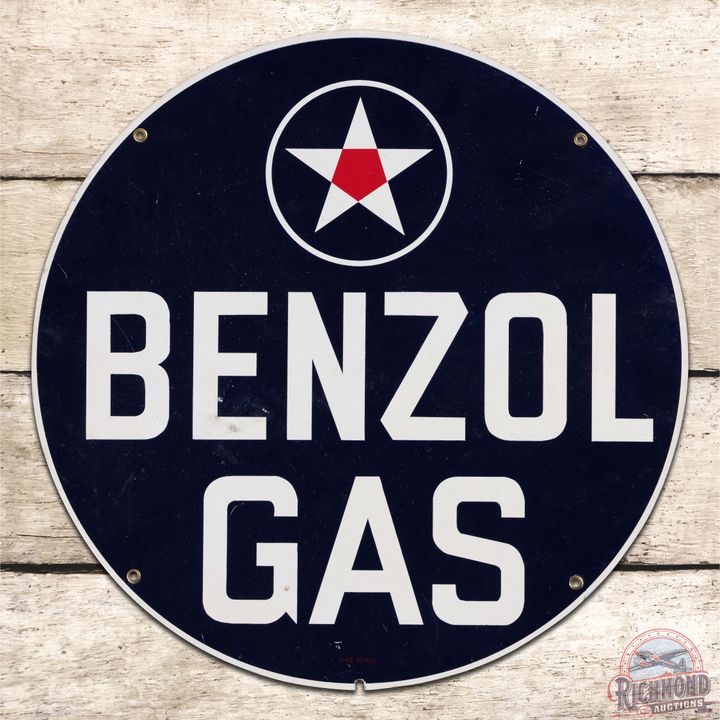 1950 Benzol Gas 14" Single Sided Tin Pump Plate Sign w/ Star Logo