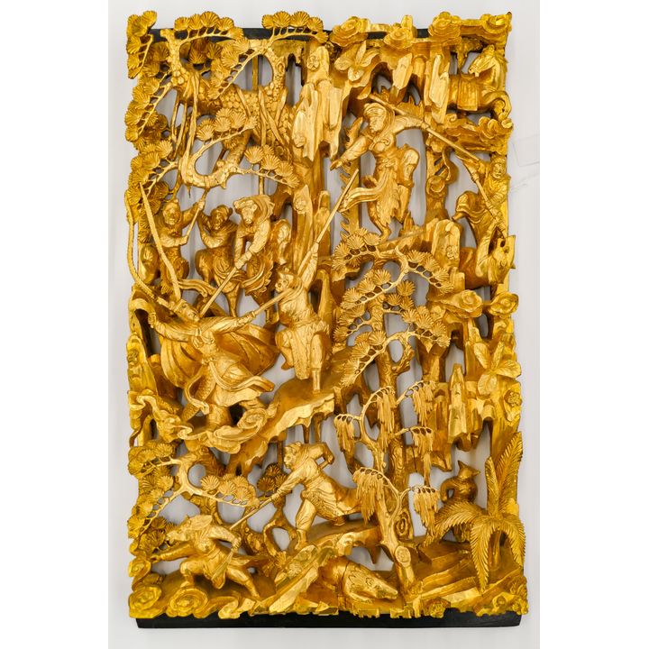 Ornate Chinese Gilt Carved Pierced Wood Temple Panel 25''x15.5''
