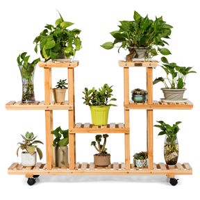 12 PLANT 4 TIER WOODEN PLANT STAND & WHEELS FS5187***