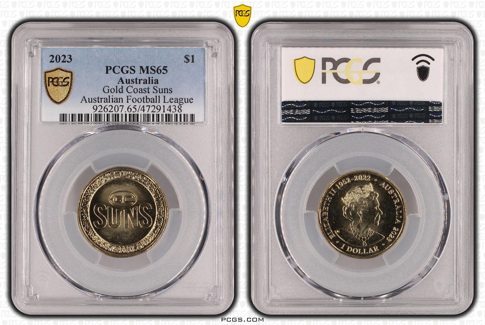 Elizabeth II, AFL - Gold Coast Suns, One Dollar, 2023, PCGS MS65