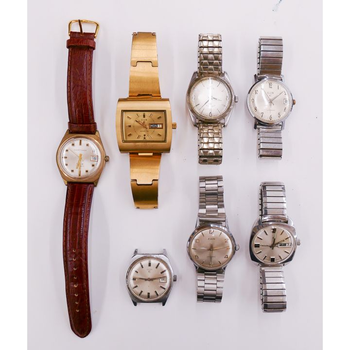 7pc Vintage Elgin Mens Wrist Watches. 6pc are running although not extensively tested.