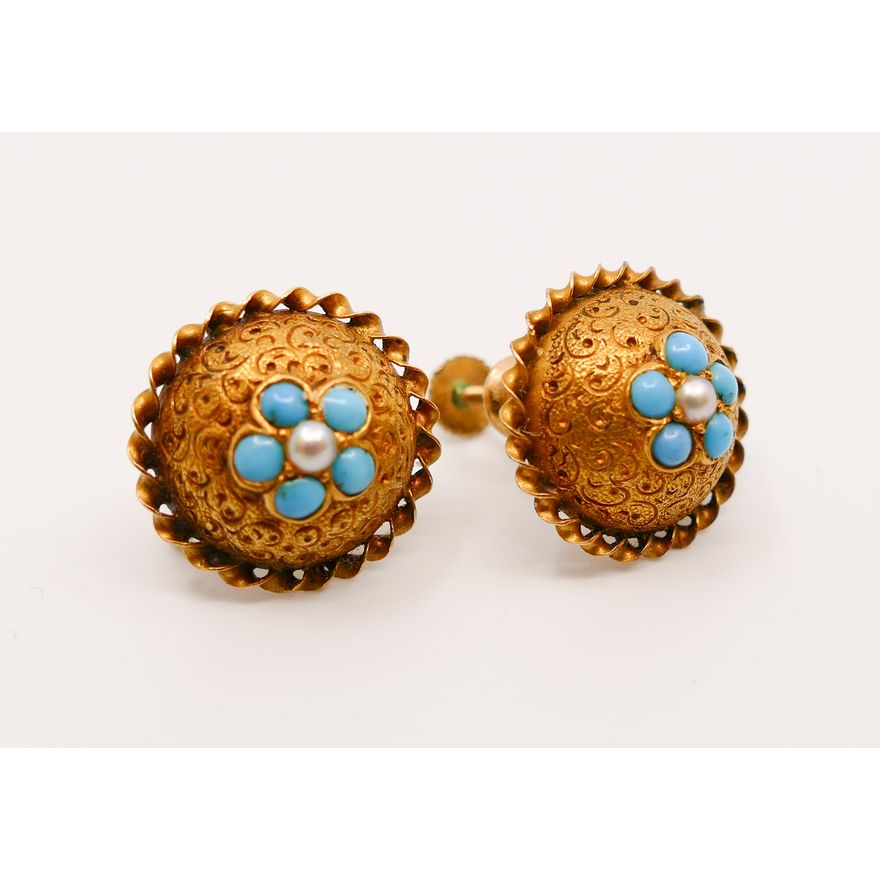 Pair 14K/18K Victorian Turquoise and Seed Pearl Screwback Earrings- 4.2g TW