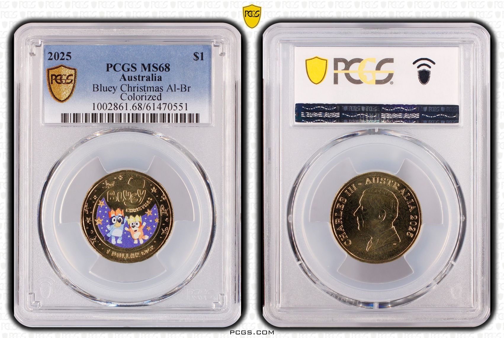Bluey Christmas AlBr Colourised, One Dollar, 2025, PCGS MS68