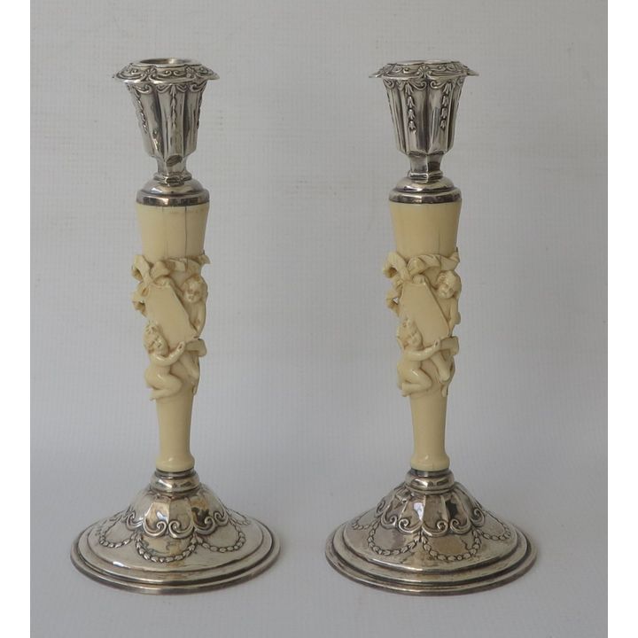 PAIR OF LATE VICTORIAN SILVER AND IVORY CANDLESTICKS, Birmingham 1899