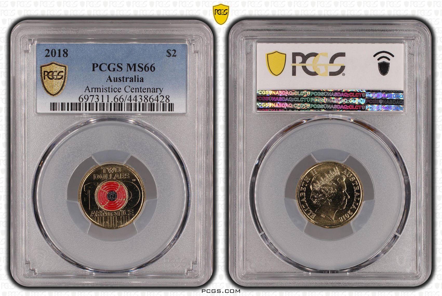 Armistice Centenary Colourised, Two Dollar, 2018, PCGS MS66