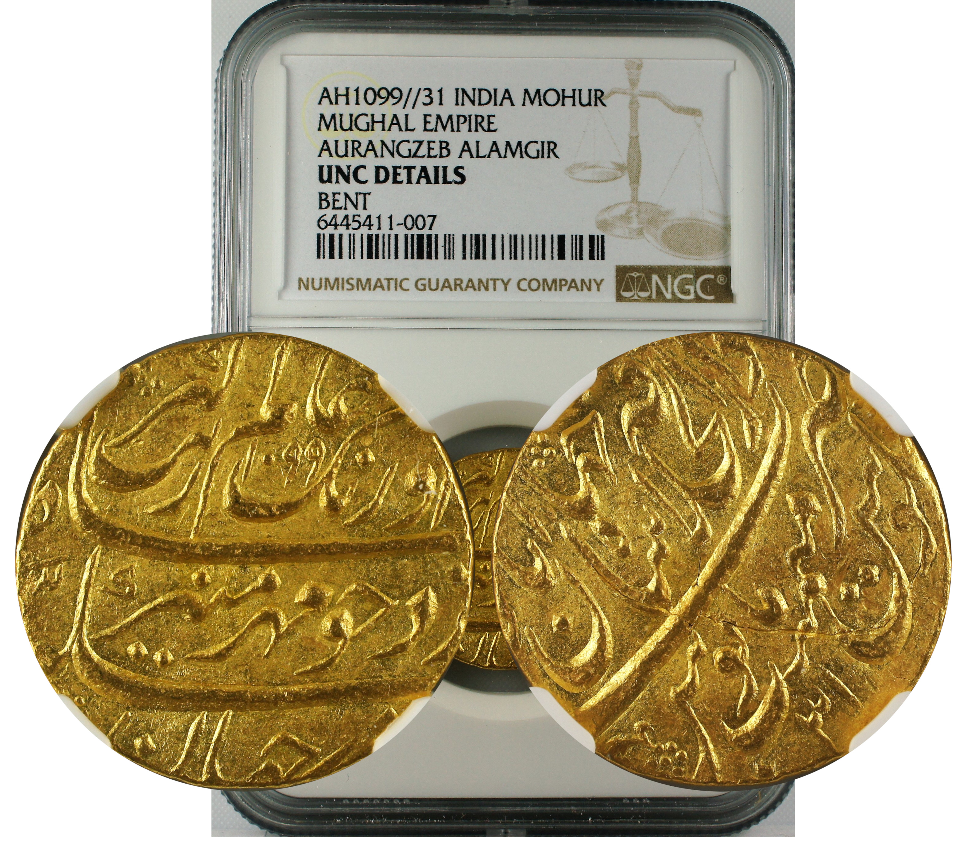 AH 1099//31 INDIA MOHUR MUGHAL-AURANGZEB UNC DETAILS BENT