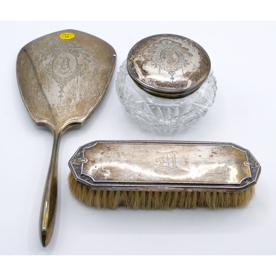 3pc Old Sterling Dresser Set with Cut Glass Jar