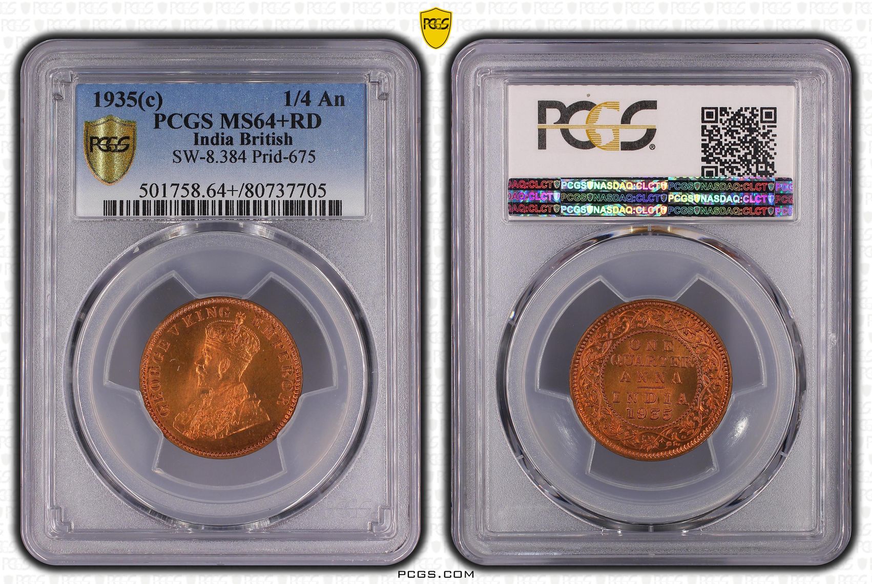 India British, SW-8.384 Prid-675, One Fourth Anna, 1935(C), PCGS MS64+RD