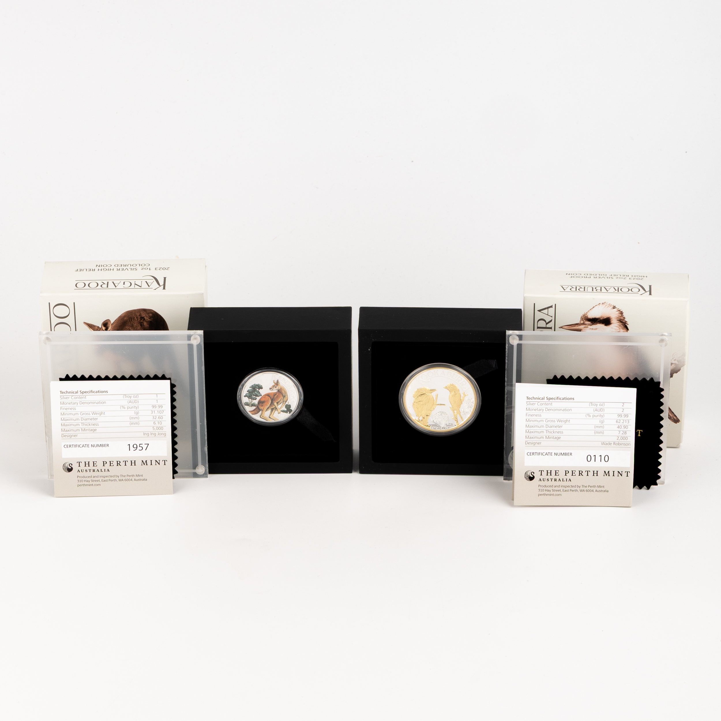 Elizabeth II, Perth Mint - Kookaburra & Kangaroo High Relief, One Dollar - Two Dollars, 2023, FDC